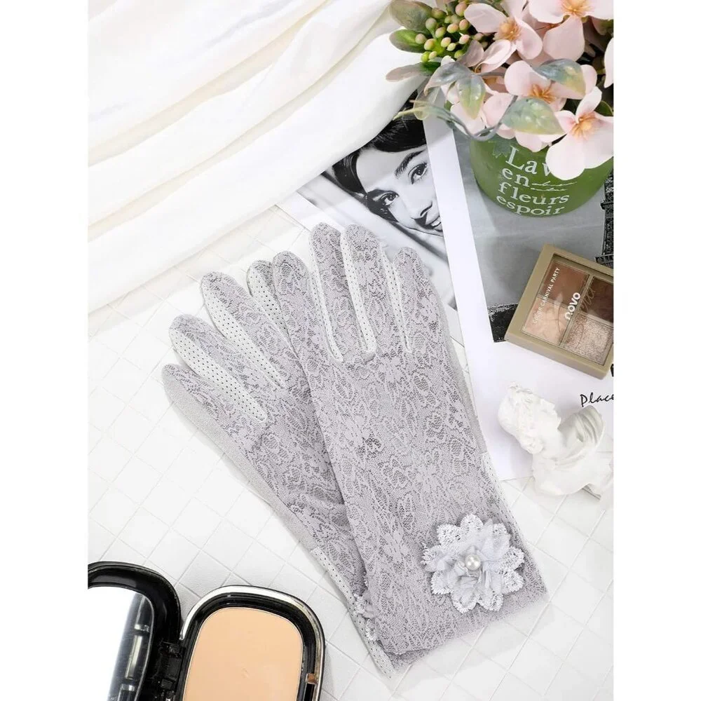 Women's Gray Fingerless Floral Short Lace Gloves Party Tea Halloween Wedding